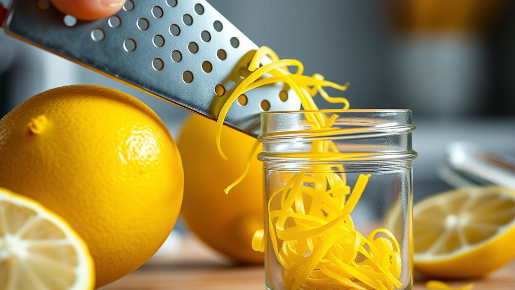 Close-up of fresh Meyer lemons being peeled with a microplane, showing vibrant yellow zest curls falling into a clear glass jar, bright kitchen lighting, shallow depth of field