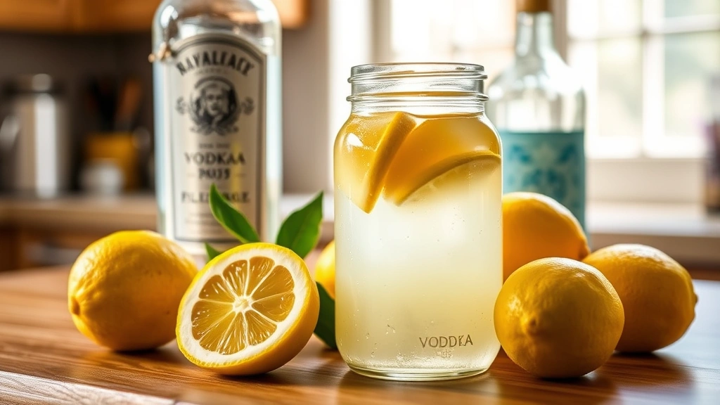 Glass jar filled with pale golden lemon-infused vodka next to fresh whole lemons and a bottle of vodka, sitting on a wooden kitchen counter with natural window light, warm tones