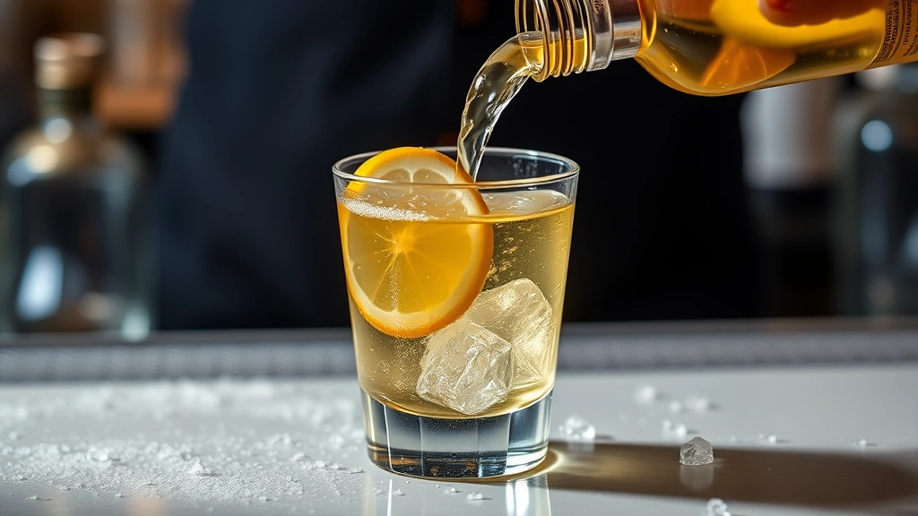 Crystal-clear golden limoncello being poured into a small frozen glass with ice crystals visible on the rim, professional bar setting, elegant presentation with fresh lemon wheel garnish
