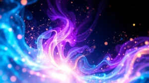 Close-up of colorful glowing elements swirling together in a mystical crafting interface, vibrant blues, purples, and golds merging with dynamic energy particles floating in darkness, photorealistic digital game aesthetic
