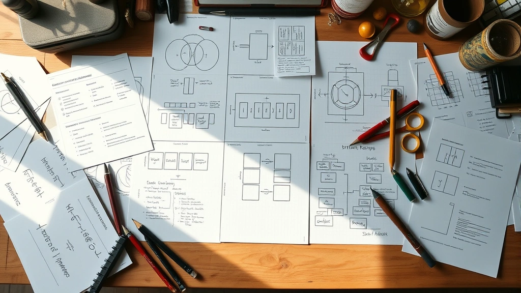 Overhead view of an organized crafting workspace with notes, sketches, and combination diagrams spread out, representing strategy planning for complex game recipes with natural daylight illumination