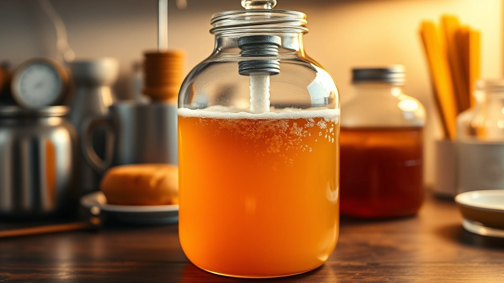 Glass carboy with airlock during active fermentation, honey and water mixture visible, bubbles rising, professional home fermentation setup on wooden table with warm lighting