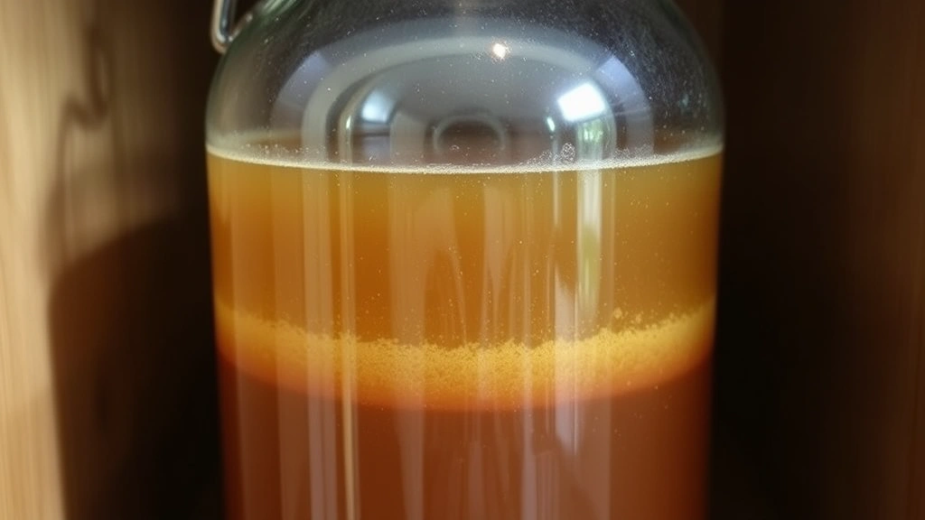Completed mead fermentation in glass demijohn showing clear amber liquid with settled sediment at bottom, airlock in bung, stored in cool dark basement cabinet