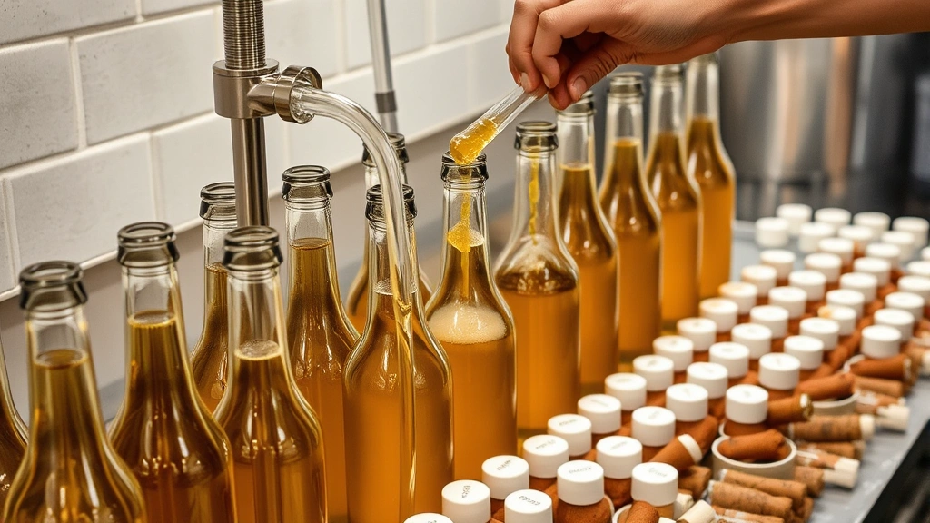 Bottling station with multiple glass wine bottles being filled from siphon tube, sanitized caps and corks arranged nearby, hands carefully transferring golden mead into bottles