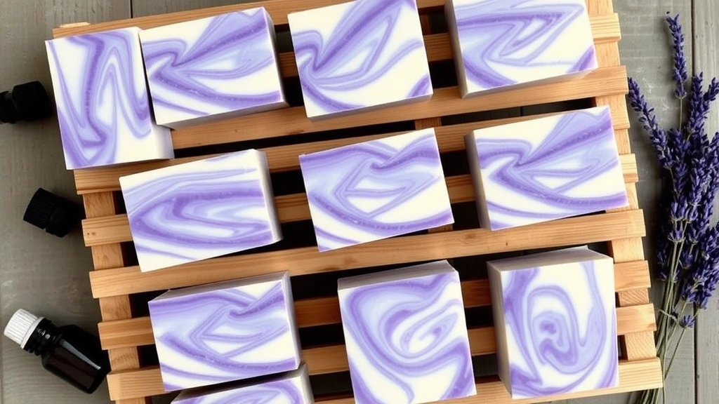 Overhead view of freshly unmolded colorful soap bars arranged on wooden drying rack, featuring swirled patterns in purple, blue, and cream, with essential oil bottles and dried lavender nearby