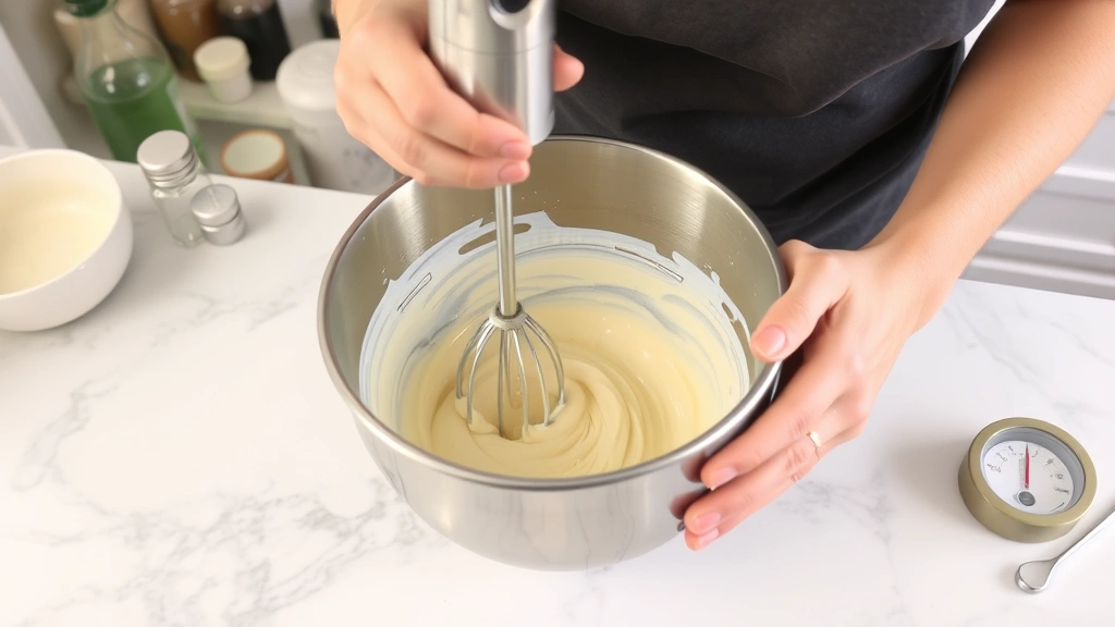 Artisan soap maker using stick blender in stainless steel bowl showing thick pudding-like trace consistency, with temperature thermometer and organized soap-making supplies on marble counter