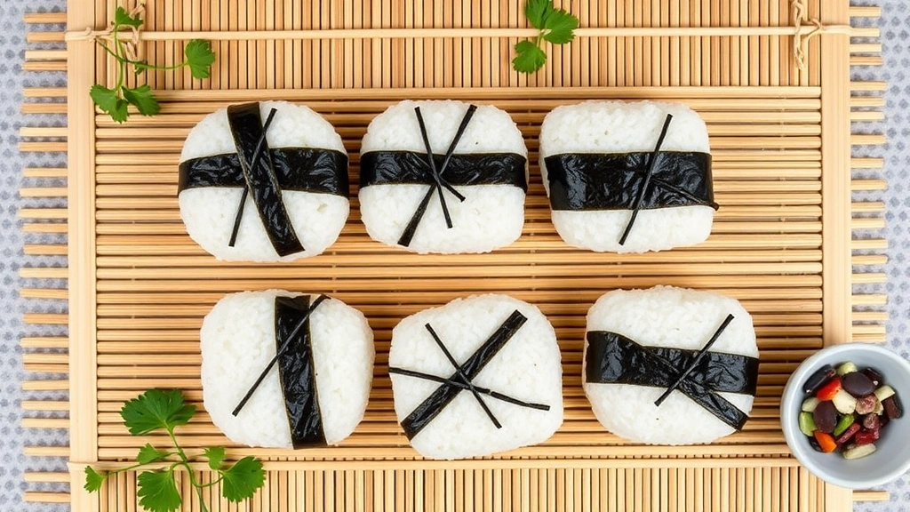Overhead flat lay of five finished onigiri rice balls arranged on a bamboo mat, some wrapped with seaweed strips, fresh herbs and small bowls of fillings nearby