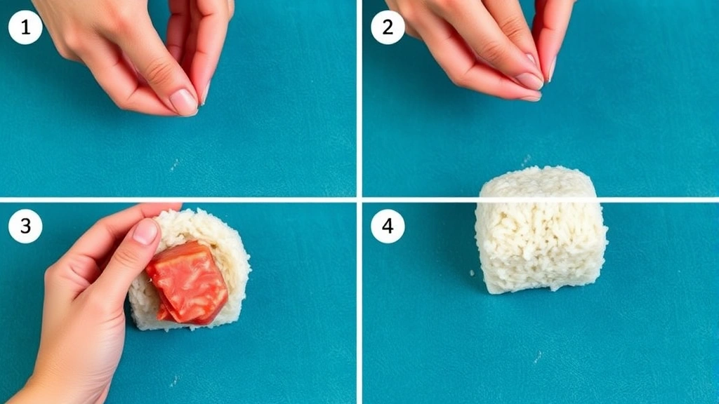 Step-by-step sequence showing hands filling onigiri: creating indentation with thumb, adding tuna filling, covering with rice, final shaping motion visible