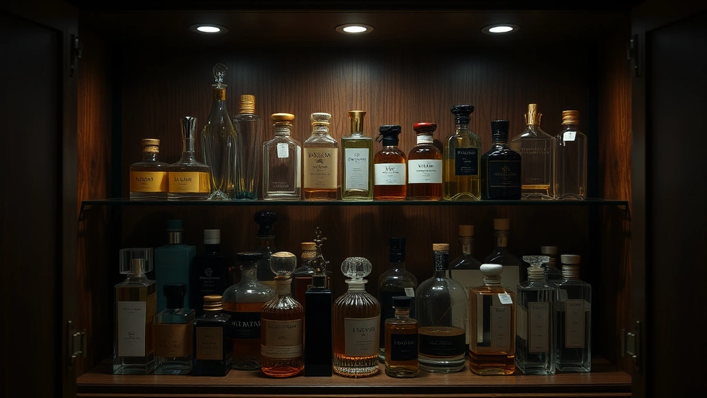 Organized collection of perfume bottles stored in cool dark wooden cabinet with soft interior lighting, bottles arranged by color and size, no labels visible