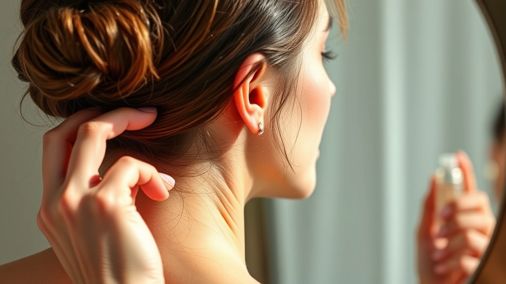 Woman applying fragrance to behind ear and neck area, mirror reflection visible, natural daylight, demonstrating proper pulse point application technique for maximum longevity