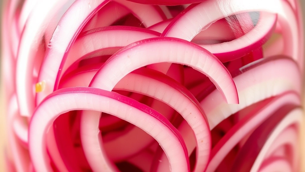 Close-up of thinly sliced red onions arranged in a clear glass jar, showing the natural layers and vibrant crimson color of the fresh onions before pickling