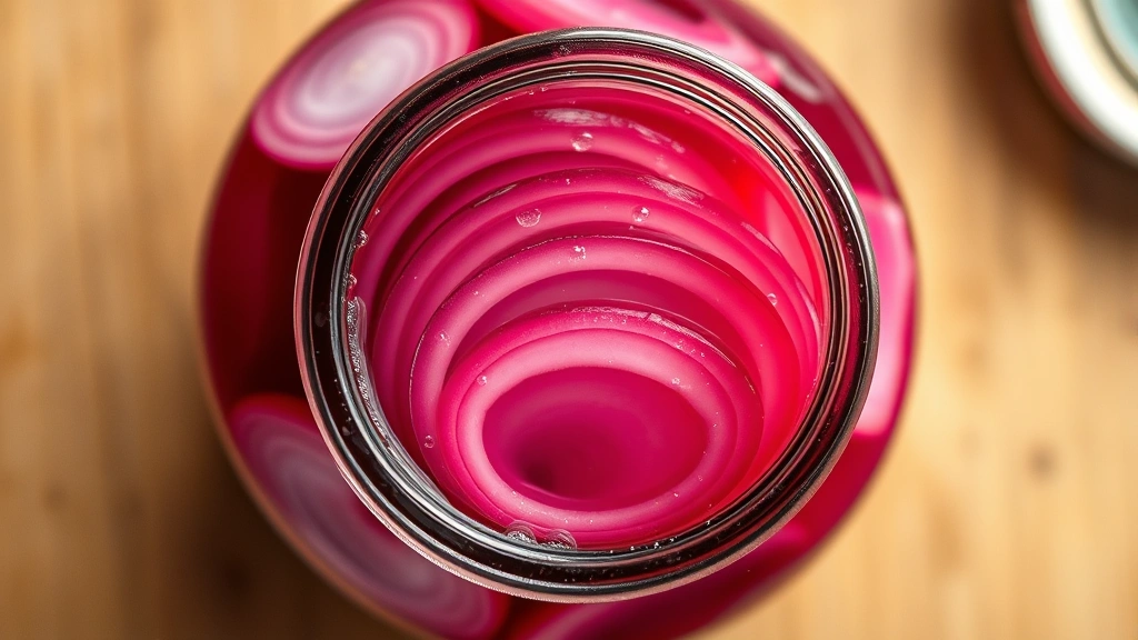 Overhead shot of finished jar of pickled red onions showing deep burgundy color, crisp translucent rings submerged in brine, with condensation on glass jar