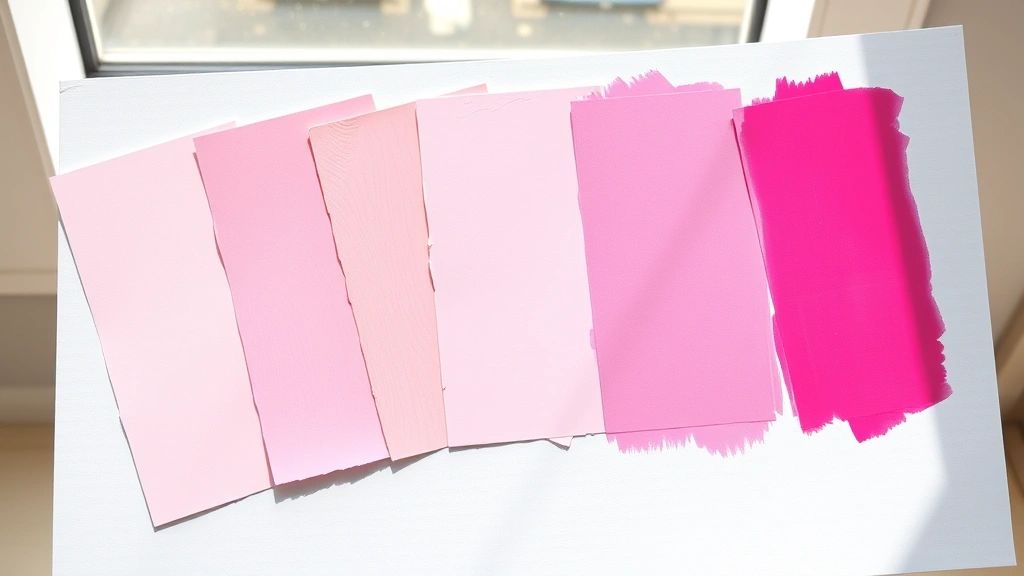 Array of five paint sample swatches showing progression from pale baby pink to hot bright pink, fanned out on white cardboard with natural window light