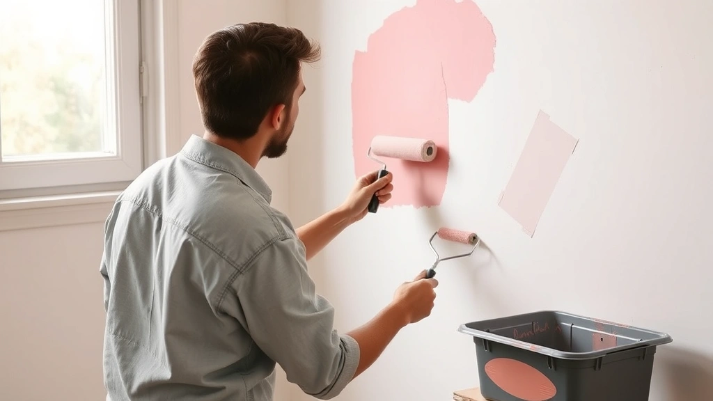 Painter applying sample patches of different pink paint shades on white drywall, testing colors in natural daylight from window, with paint tray and roller visible