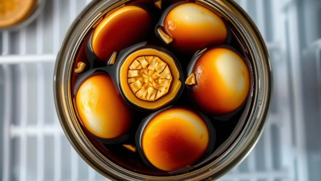 Overhead shot of multiple ramen eggs marinating in glass jar filled with dark soy-based marinade, showing eggs partially submerged with visible garlic slices and ginger pieces, refrigerator shelf background