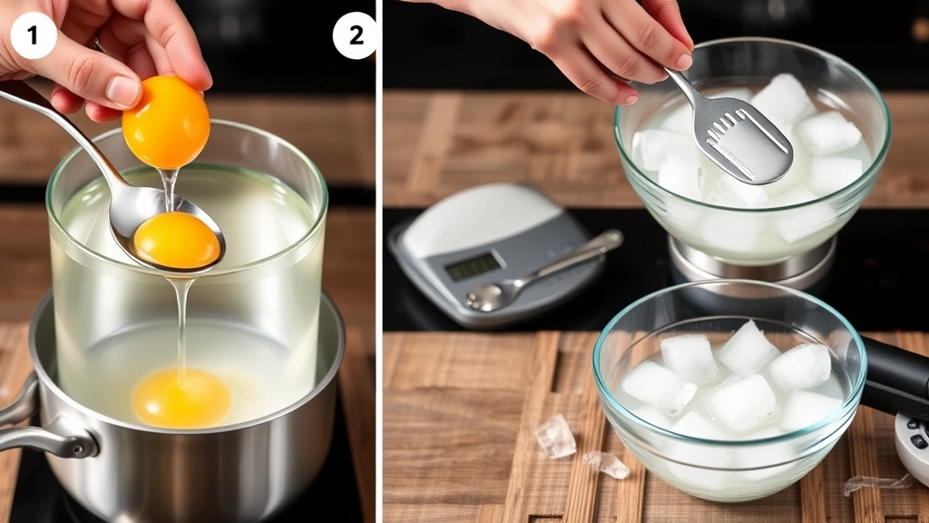 Step-by-step process showing raw egg being lowered into boiling water with slotted spoon, ice bath bowl prepared nearby with ice cubes, kitchen timer visible, professional food photography style