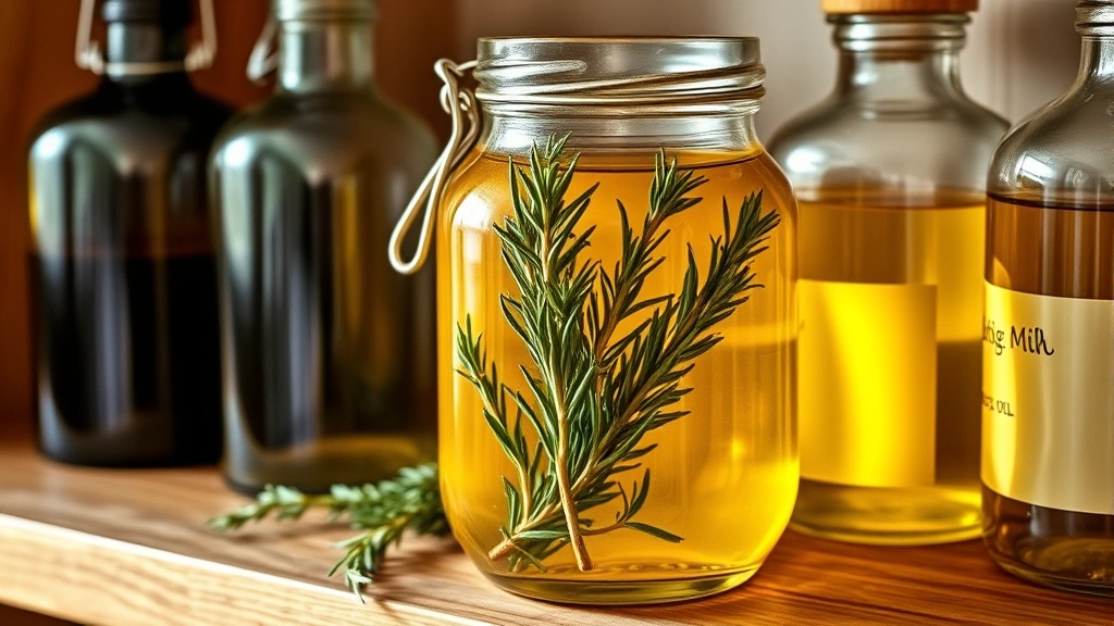 Glass jar filled with golden rosemary-infused olive oil and fresh rosemary sprigs inside, sitting on wooden shelf next to dark glass storage bottles, warm kitchen lighting