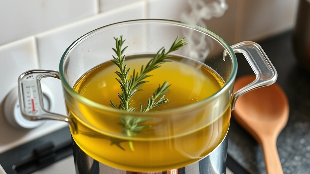 Double boiler setup with glass bowl containing light golden oil and rosemary sprigs steaming gently, thermometer showing temperature, wooden spoon nearby, kitchen counter scene