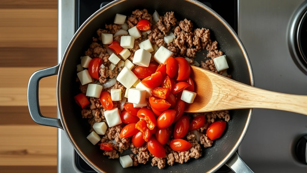 Overhead shot of skillet on stovetop with browned ground beef, diced onions, melting cream cheese cubes, and red Rotel tomatoes being stirred together with wooden spoon, vibrant colors, active cooking scene