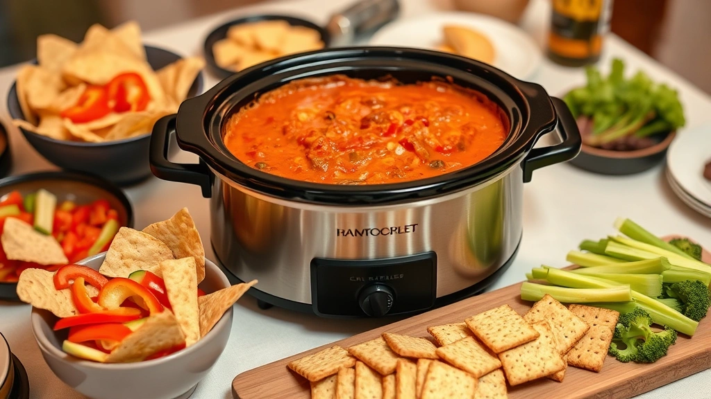 Slow cooker filled with finished Rotel dip surrounded by various serving options including tortilla chips in bowl, vegetable crudités, crackers on board, party setting with warm lighting, appetizer table arrangement
