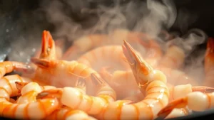 Close-up of large fresh shrimp being seared in a hot wok with steam rising, golden-brown color on the exterior, professional kitchen lighting