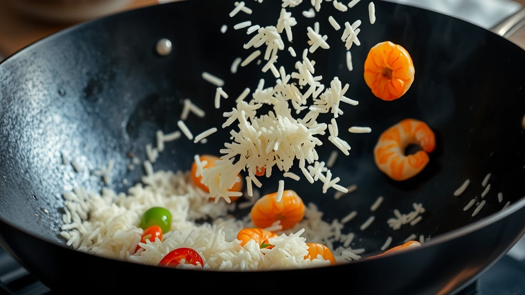 Action shot of a wok with separated grains of rice being tossed mid-air, vegetables and shrimp visible, high heat visible from flames beneath the wok