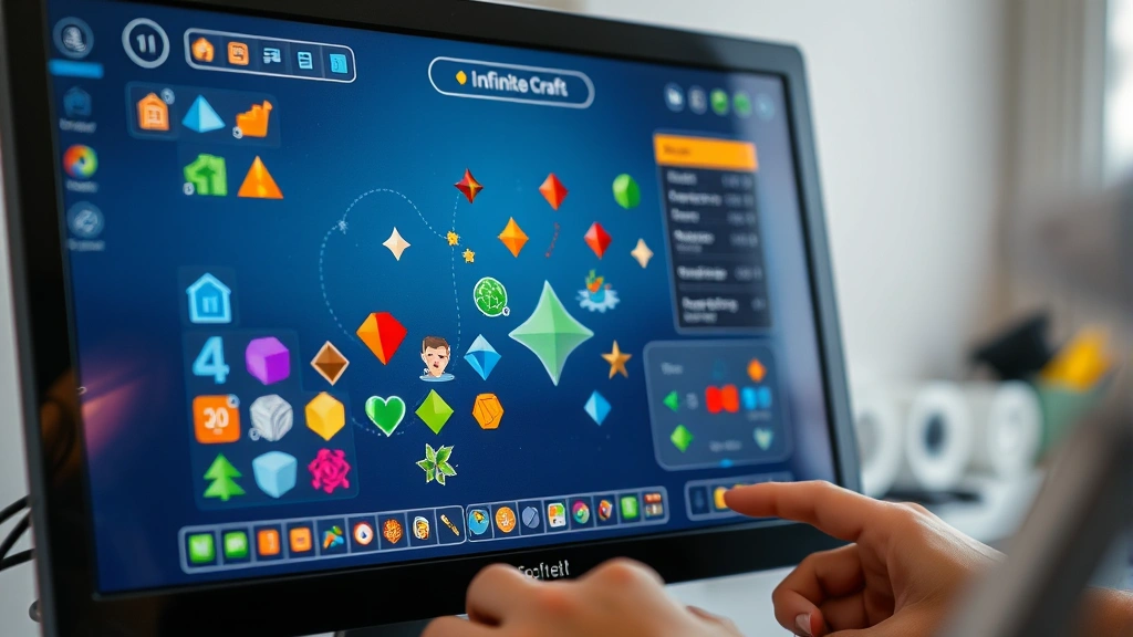 Close-up of a computer screen showing the Infinite Craft game interface with colorful elements and the crafting workspace clearly visible, player actively dragging elements together
