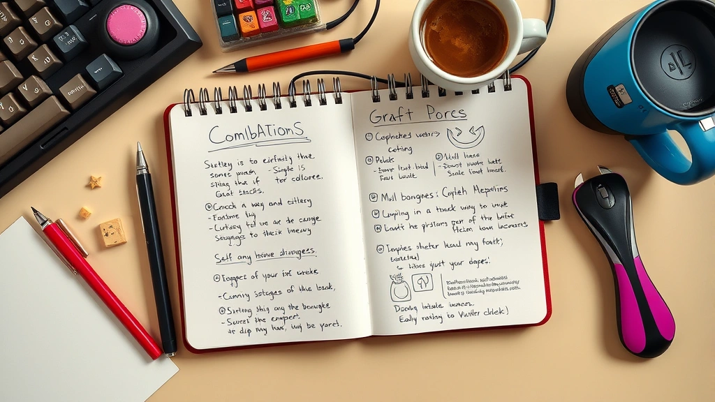 Vibrant flat lay of a notebook with handwritten crafting notes, combination diagrams, and strategy plans for element progression, surrounded by gaming peripherals and a coffee mug