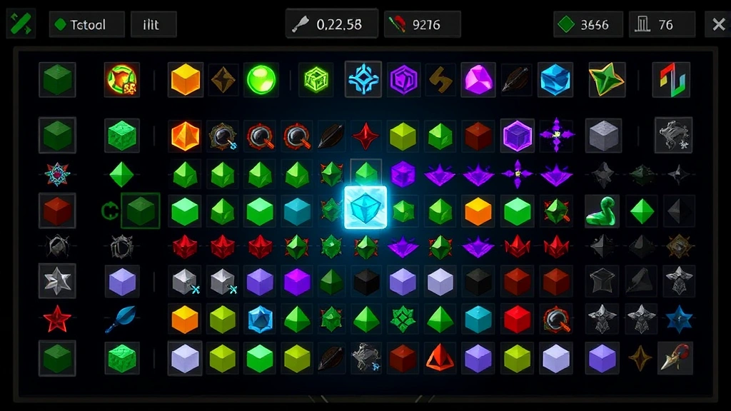 Detailed screenshot-style image of the Infinite Craft inventory screen displaying organized rows of various created elements in different colors, with a glowing highlighted element in the center