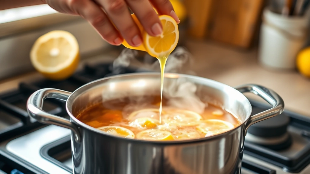 Close-up of hands adding lemon juice to a pot of soup on a stovetop, bright kitchen lighting, fresh lemon half visible in frame, steam rising from pot