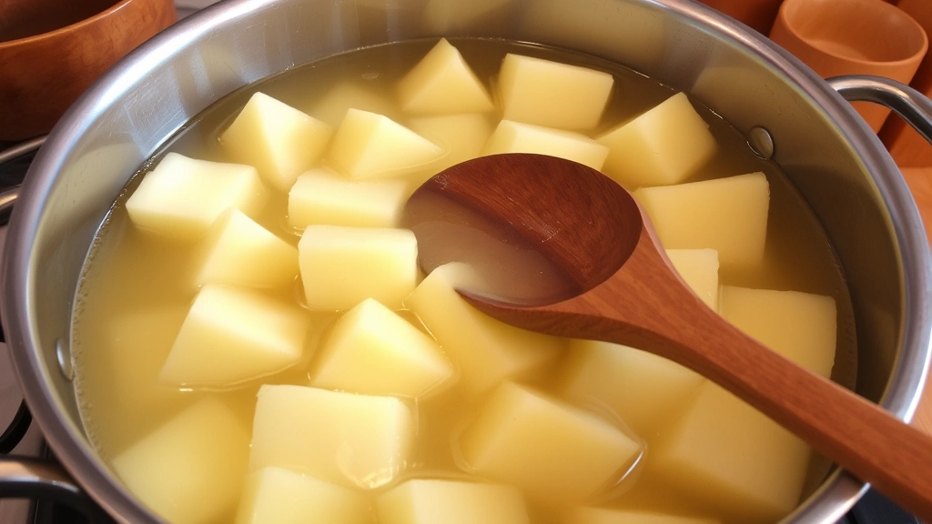 Large potato chunks submerged in simmering broth in a stainless steel pot, wooden spoon resting on rim, clear broth showing potato absorption, warm kitchen setting