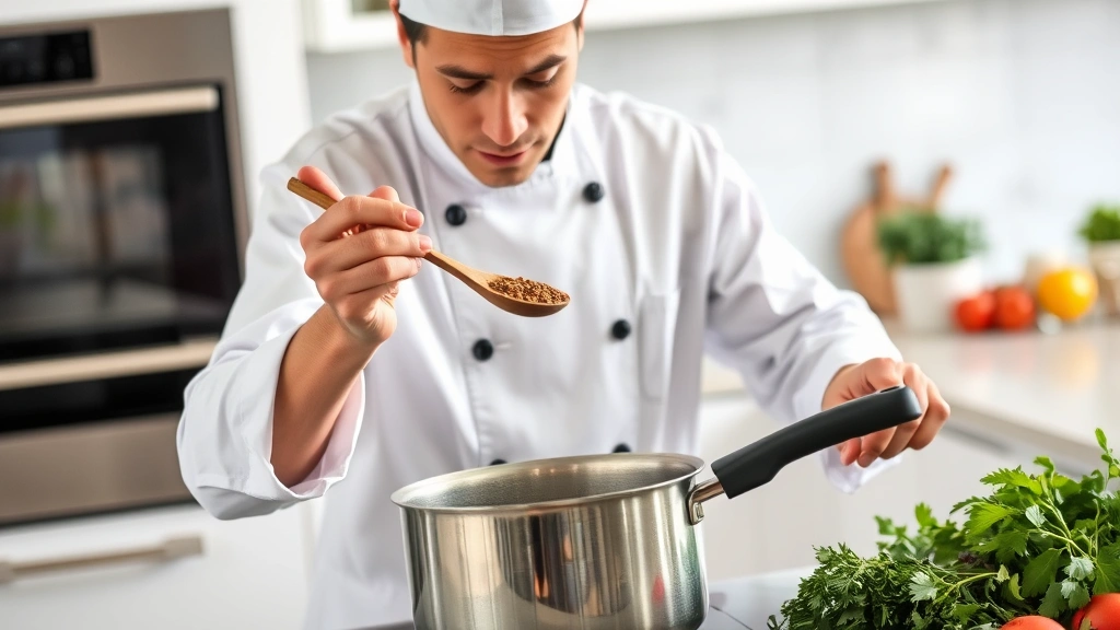 Chef tasting from a wooden spoon held over a saucepan, concentrated expression, modern kitchen background, fresh herbs and ingredients visible on counter nearby