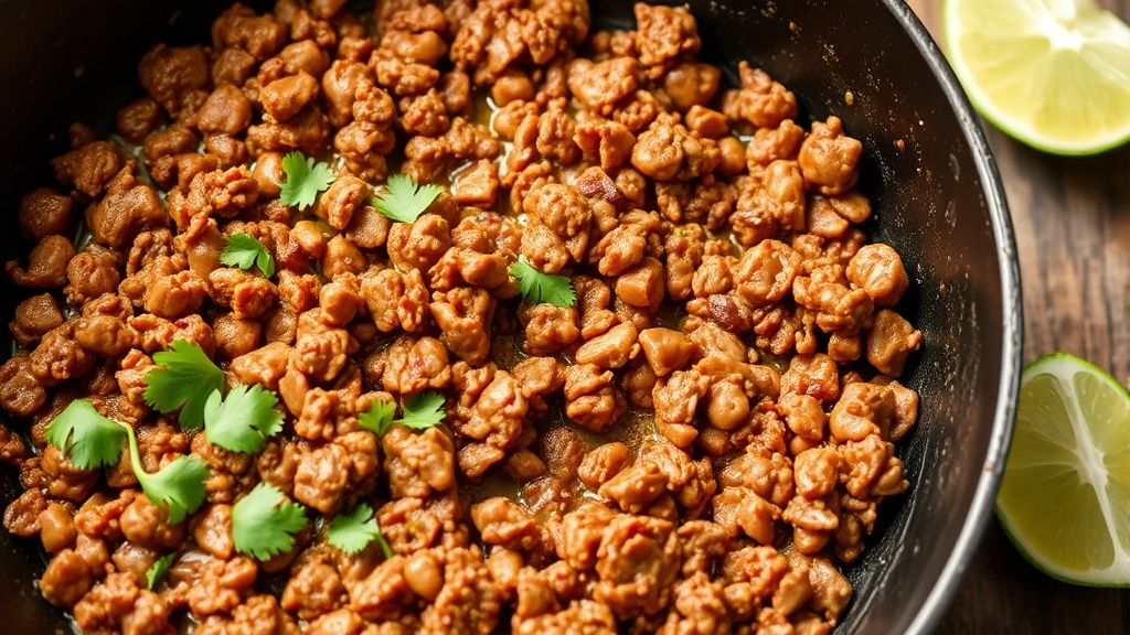 Finished taco meat simmering in skillet with rich brown color, fresh cilantro and lime wedge beside pan, ready to serve in taco shells