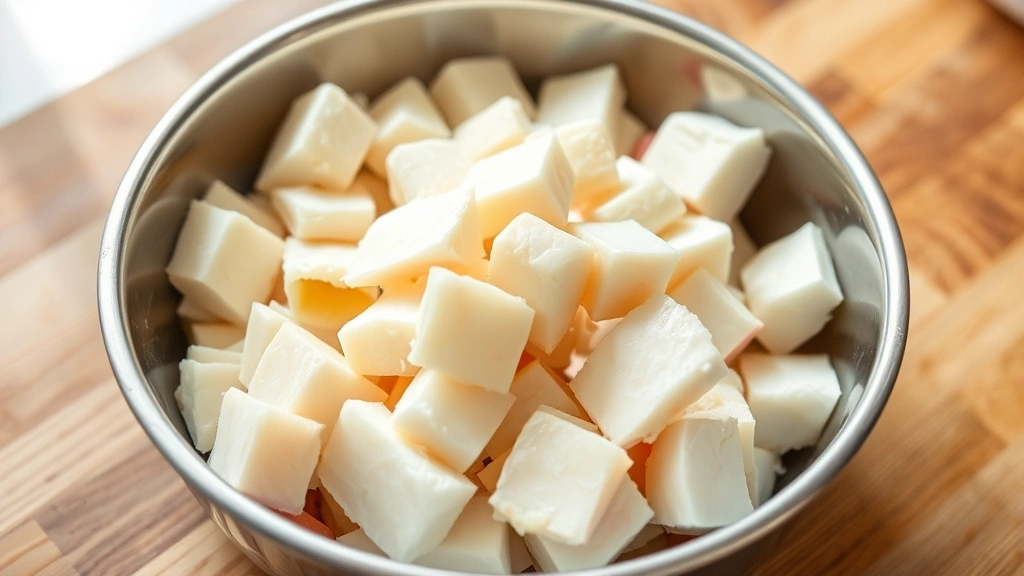 Close-up of raw beef fat trimmings in a stainless steel bowl on a wooden countertop, natural kitchen lighting, showing white and cream-colored fat pieces ready for cutting