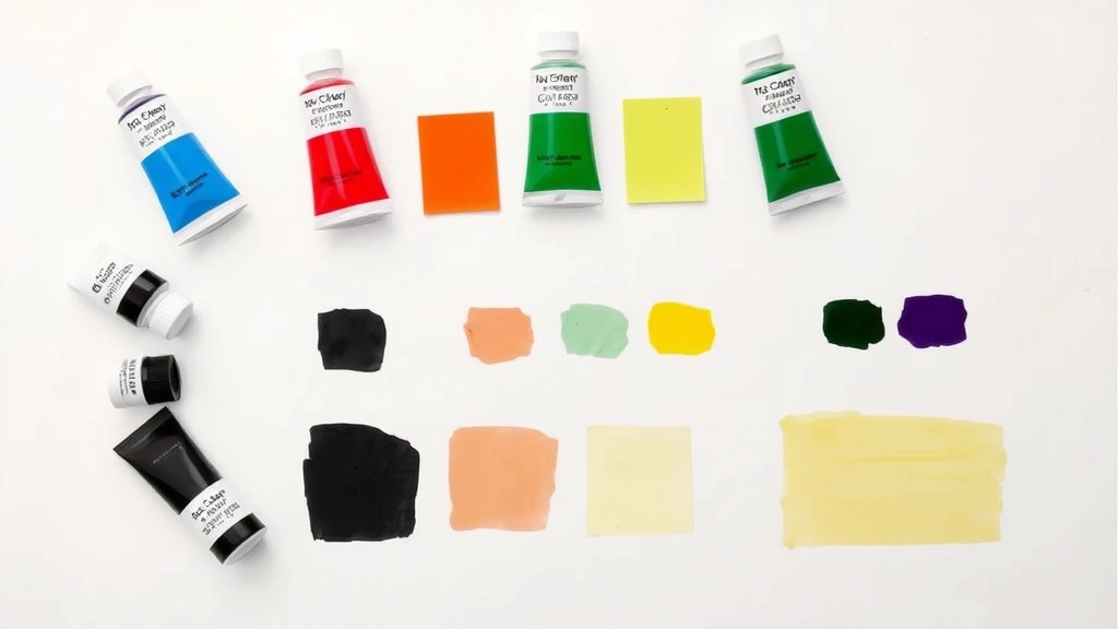 Arranged paint tubes and color wheels showing complementary color pairs (blue-orange, red-green, yellow-purple) with mixed black paint samples beside each pair on white palette paper