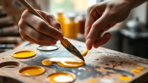 Close-up of artist's hand mixing bright yellow paint with palette knife on wooden mixing palette, multiple yellow paint colors visible in background, natural daylight from window illuminating the palette