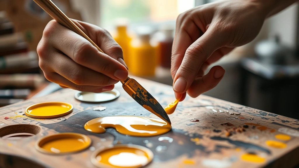 Close-up of artist's hand mixing bright yellow paint with palette knife on wooden mixing palette, multiple yellow paint colors visible in background, natural daylight from window illuminating the palette