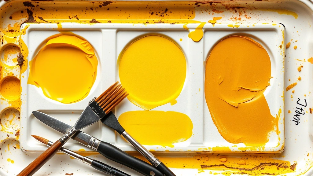 Organized paint palette showing three different yellow pigments (warm cadmium, cool lemon, and earth ochre) in separate sections with mixing brushes and palette knife ready for blending