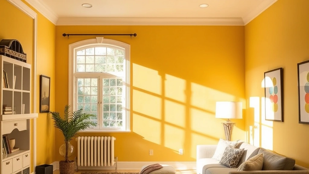 Interior room wall painted in custom-mixed golden yellow with natural light streaming through window, showing how the color appears in real home lighting conditions with furniture and fixtures visible