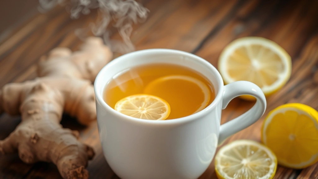 Steaming cup of golden ginger tea in a white ceramic mug with fresh ginger slices visible in the liquid, surrounded by fresh ginger root and lemon wedges on a wooden table