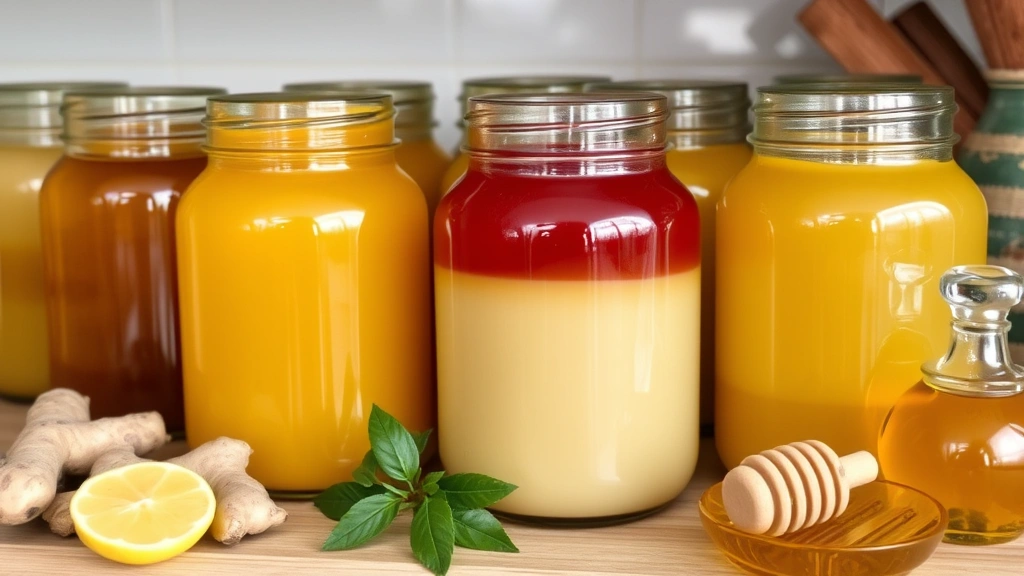 Multiple glass jars containing different ginger tea variations with various colors from pale yellow to golden amber, arranged on a kitchen shelf with fresh herbs and honey nearby