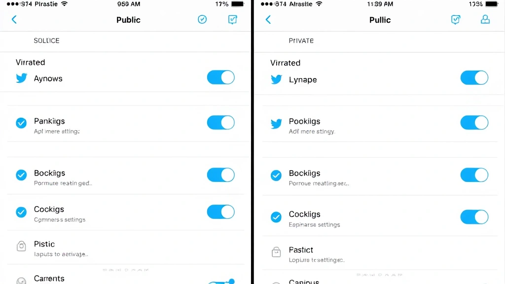 Split-screen comparison showing public vs private Twitter account settings, checkmarks and locks icons, clean interface with blue and white colors