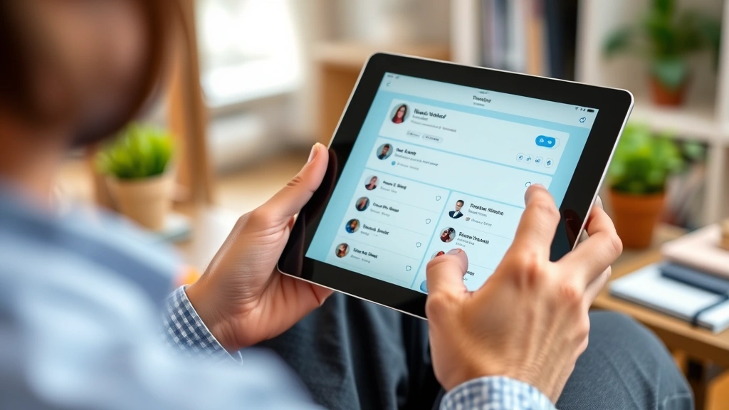 Person reviewing Twitter follow requests on tablet, approving profile cards with checkmarks, casual home office setting with natural lighting