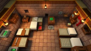 Minecraft villager breeding chamber interior with beds, job site blocks, and food hoppers, bright lighting from torches, clean organized layout, top-down perspective
