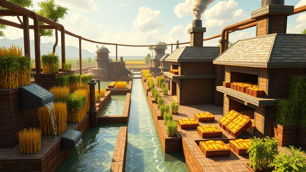 Automatic wheat farm with water channels, hoppers, and furnaces converting wheat to bread, functional redstone farm design, daytime lighting