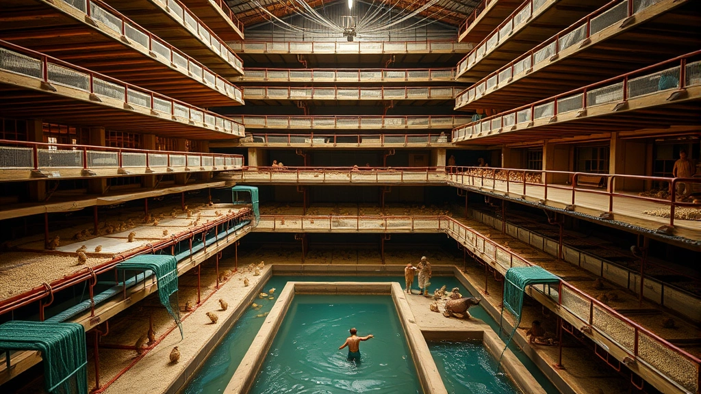 Multi-level villager breeding farm structure showing stacked chambers with water channels directing baby villagers, separation barriers visible, well-lit environment