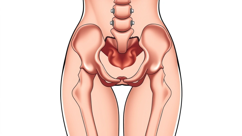 Anatomical illustration style image showing female pelvic region with key structures highlighted, educational medical diagram aesthetic, neutral background