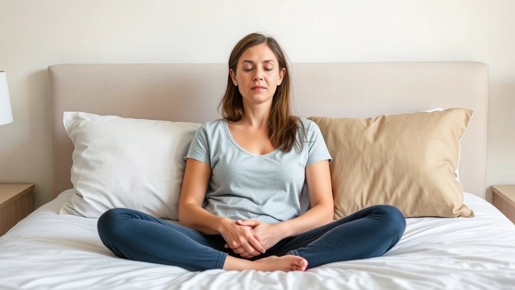 Woman in comfortable position on bed with pillows, demonstrating proper posture for self-exploration, natural lighting, peaceful expression, focus on positioning