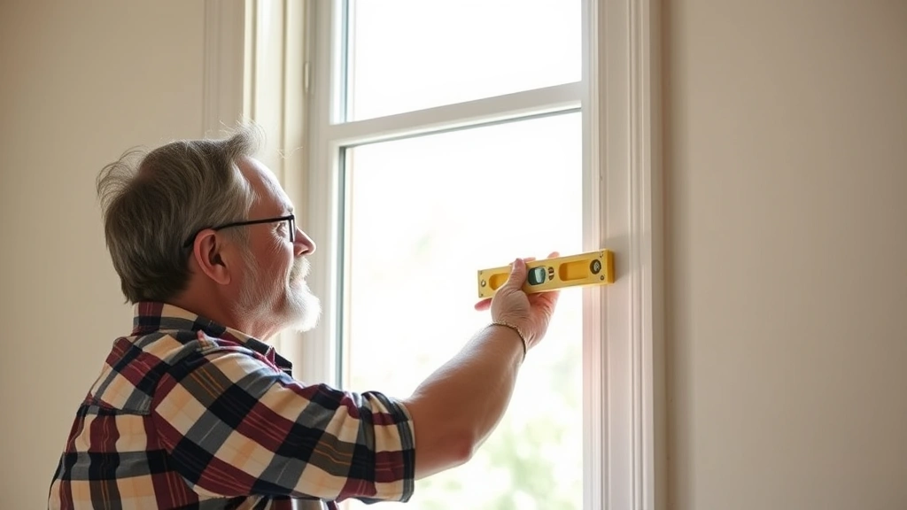 Homeowner checking window frame with level tool to verify plumb and square, demonstrating proper technique with level against vertical frame edge in bright natural light