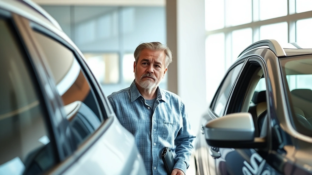 Customer examining vehicle exterior during dealership walkthrough, checking paint and body condition with natural daylight, serious expression